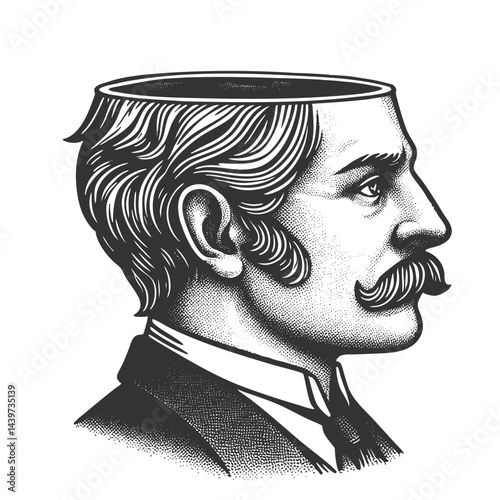 man in profile with the top of his head missing, creating a surreal and thought-provoking conceptual artwork sketch engraving generative ai vector illustration. Scratch board. Black and white image.