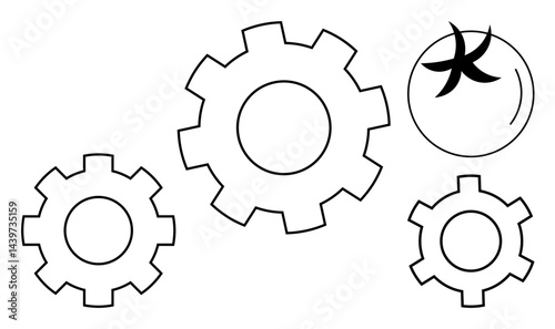 Three gears of varying sizes aligned with a simple tomato illustration, symbolizing machinery, teamwork, and natural harmony. Ideal for agriculture, innovation, teamwork, process improvement