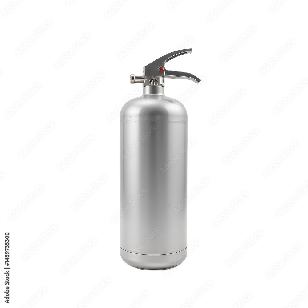 A sleek, silver fire extinguisher with a modern design and a clear handle. A sleek, silver fire extinguisher with a modern design and a clear handle.