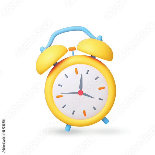 Alarm clock 3d icon. Cute yellow clock with bells, vintage style. Wake up morning concept, office deadline, meeting date reminder. Realistic vector element