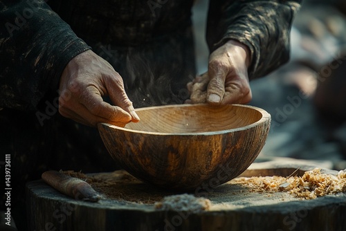 Person using a lathe to shape a wooden bowl, focusing on precision and technique to carefully carve and smooth the wood into a finished piece