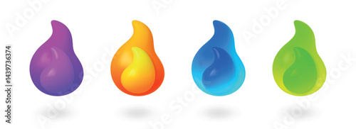 Fire icons 3d design. Different flames, campfire, blue gas, neon color drops. Isolated plastic realistic cartoon render effects. Decorative vector elements
