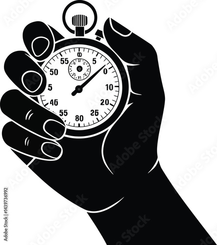 Black and white vector illustration of a hand holding a classic analog stopwatch measuring time