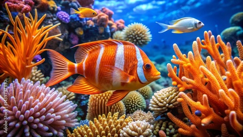 Vibrant Reef Scene Featuring a Striking Orange and White Fish Surrounded by Colorful Corals and Other Marine Life in a Pristine Underwater Habitat