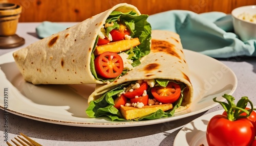 Fresh Halloumi Wrap With Spinach Tomatoes And Feta Cheese Close Up photo