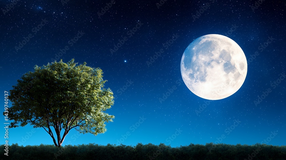 Tree Against Night Sky with Full Moon and Stars Landscape Tree Against Night Sky with Full Moon and Stars Landscape