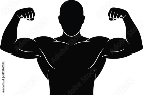 Strong muscular man silhouette flexing biceps black and white bodybuilder displaying muscular arms and physique vector illustration