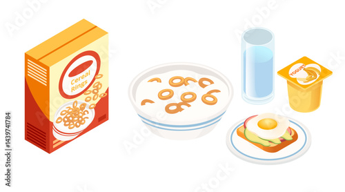 Collection of breakfast food. Cereal box with branding. Bowl with cereal loops. Glass of water. Fried egg on toast. Yogurt container. Morning food. Vector illustration isolated on white background