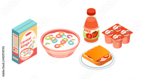 Collection of breakfast items. Light blue cereal box. Bowl with colorful cereal. Toast on plate. Red strawberry yogurt containers. Tomato juice bottle. Vector illustration isolated on white