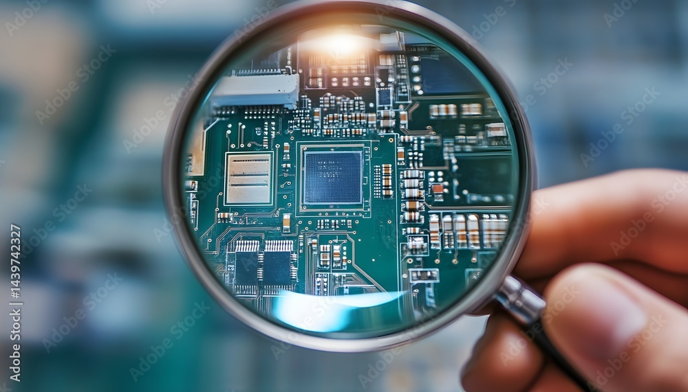 Detailed view of a circuit board through a magnifying glass