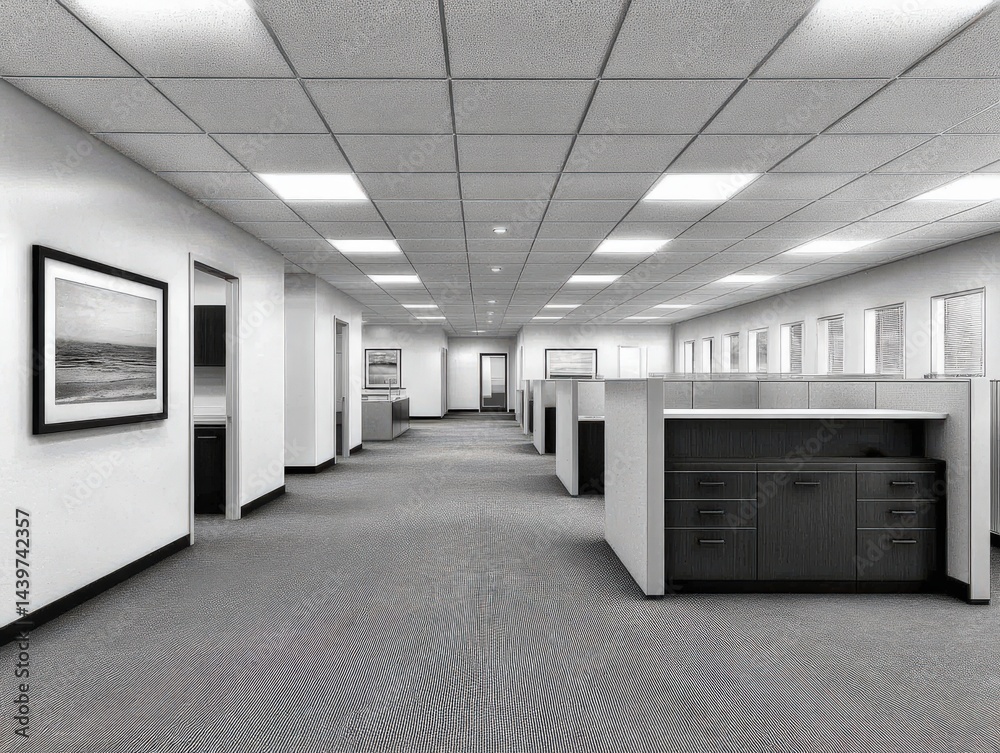 Obraz premium Bright modern office workspace with grey carpet flooring cubicle style layout clean lines open organized contemporary corporate environment focusing on structured professional working area