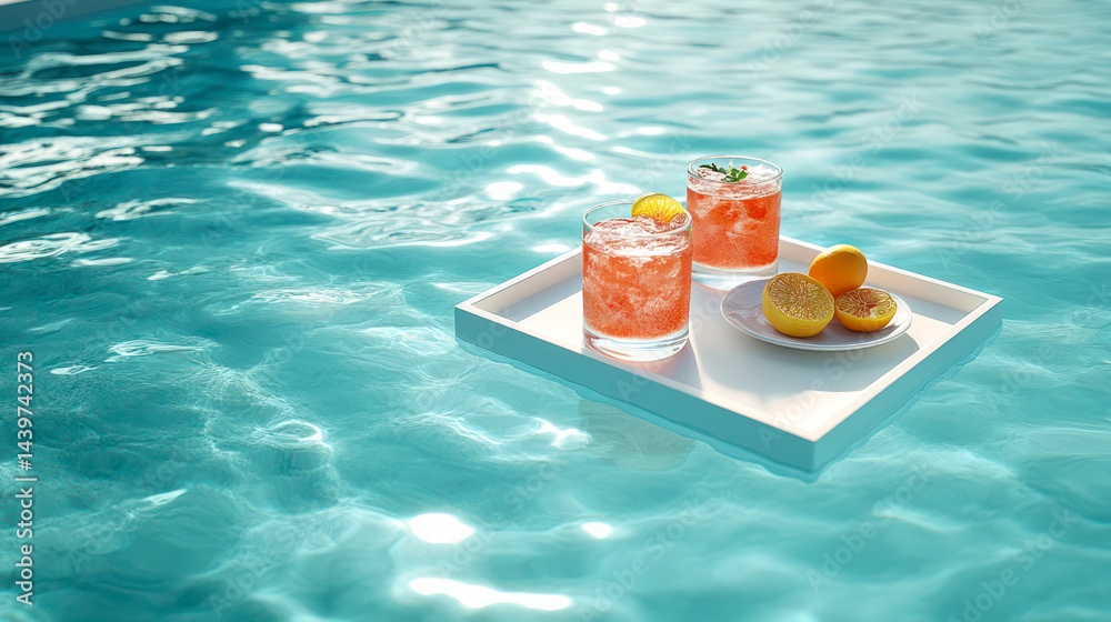 A refreshing summer drink with fruit and flowers floating in a pool.