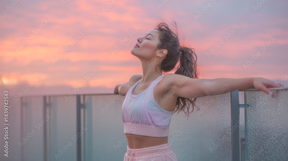 woman in a pastel sports outfit stretching on a rooftop at sunrise