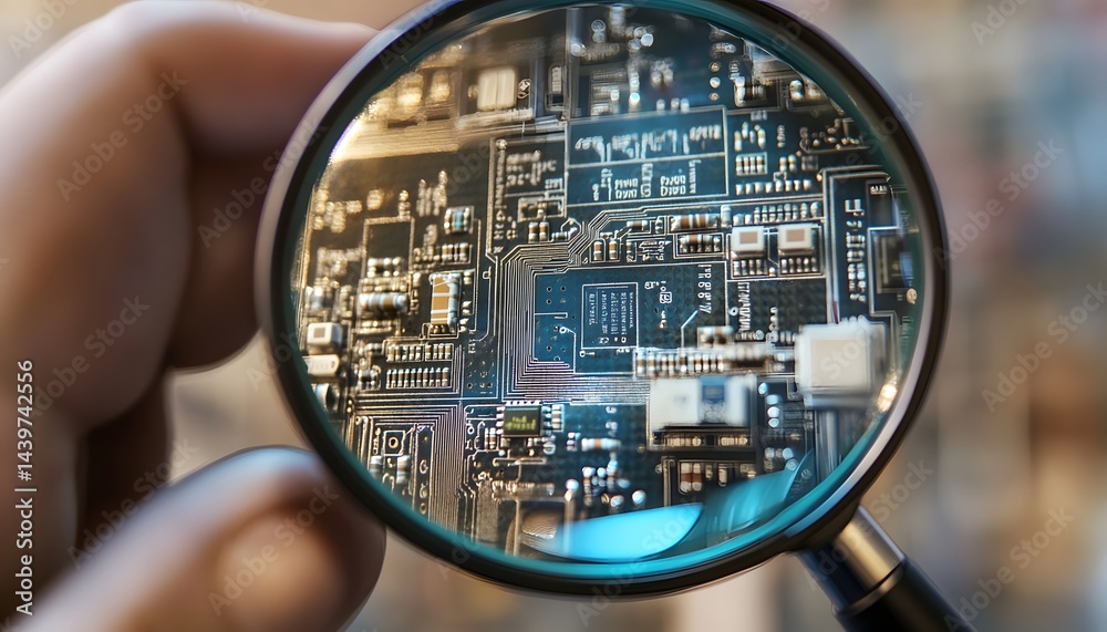A magnified view of a complex electronic circuit board