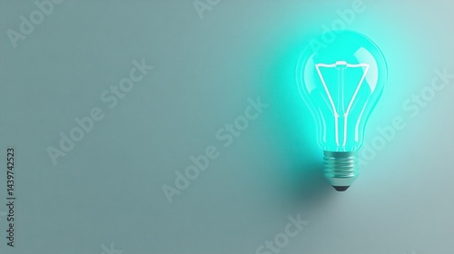 Glowing bulb idea, blue wall, bright background