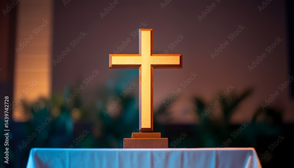 A wooden cross sits atop a draped table indoors