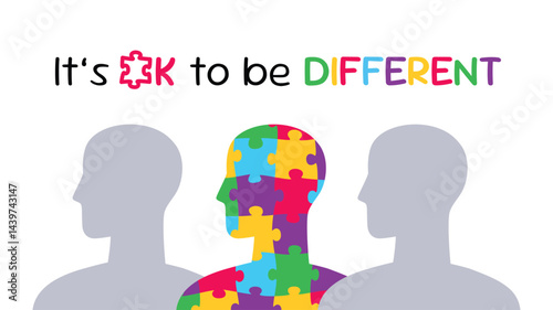 Human silhouette with a colorful puzzle pattern inside among grey human silhouettes. It's Ok To Be Different banner. World Autism Awareness Day. Vector horizontal banner design