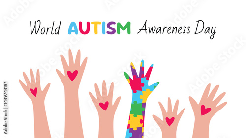 World Autism Awareness Day horizontal banner with lots of hands and one hand with puzzle pattern. Vector illustration of event web banner design