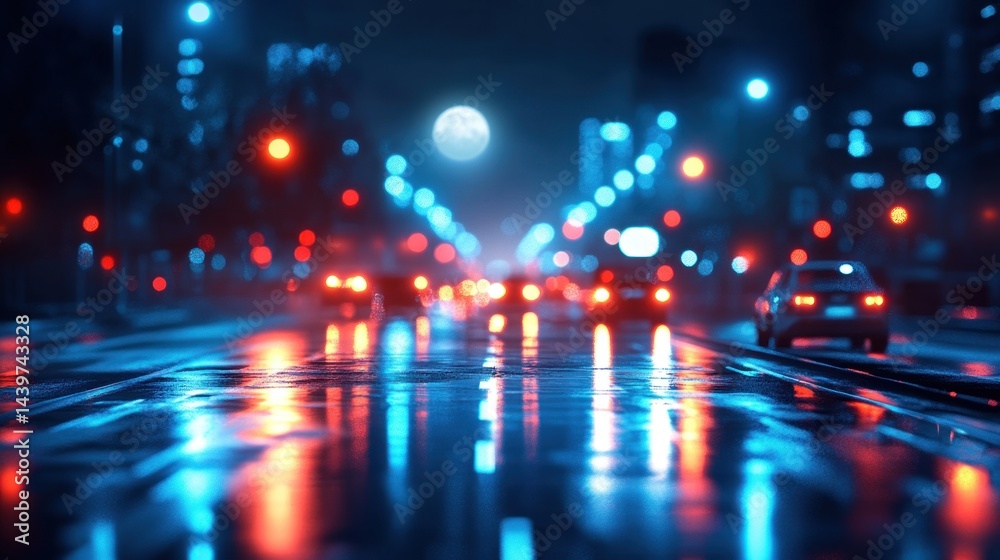Night city traffic, rain, moon, lights, reflection Night city traffic, rain, moon, lights, reflection