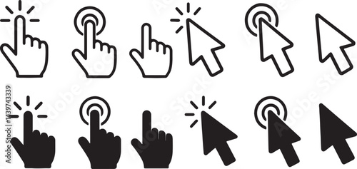 A modern vector set of clicking hand and mouse cursor icons with clean outlines, perfect for UI, UX, and web projects