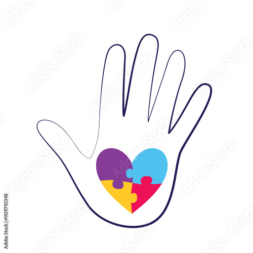 Human hand palm line art silhouette with a colorful puzzle heart inside. Symbol for World Autism Awareness Day. Vector illustration on a white background
