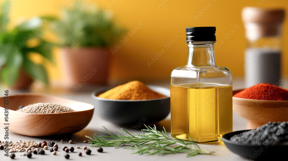 An olive oil bottle label mockup on a kitchen countertop, surrounded by fresh ingredients like garlic, basil