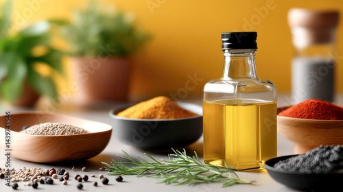 Obraz na płótnie An olive oil bottle label mockup on a kitchen countertop, surrounded by fresh ingredients like garlic, basil w salonie