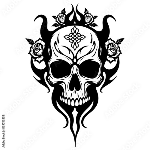 Skull with Roses and Flames Tattoo Design for T-Shirt Print  