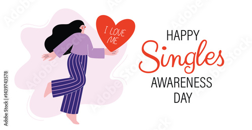 Happy Singles Awareness Day horizontal banner with a happy girl with a big heart in her hand. Vector illustration of event web banner design