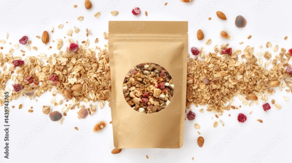 Top-down view of a kraft paper bag filled with granola and mixed nuts