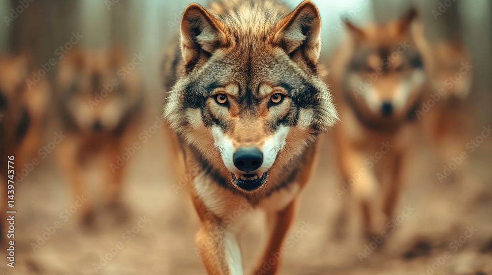 Obraz premium A wolf pack moving as one in a dense forest