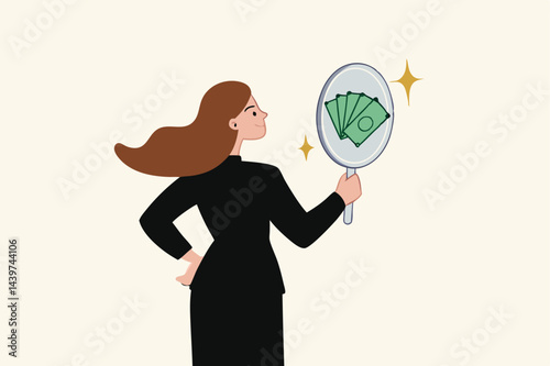 Self worth or self esteem, confident or attitude to see value in yourself, motivation or positive thinking concept, confidence businesswoman look at her reflection in the mirror to see money banknotes
