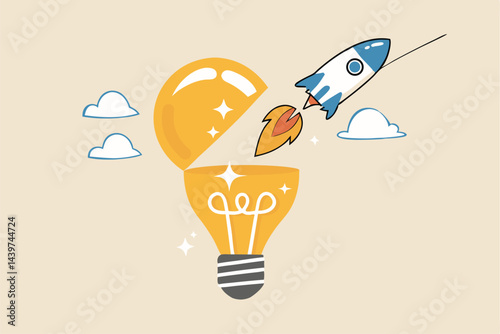 Innovation to launch new idea, entrepreneurship or startup, creativity to begin business or breakthrough idea concept, innovative rocket launch flying high from opening bright lightbulb idea.
