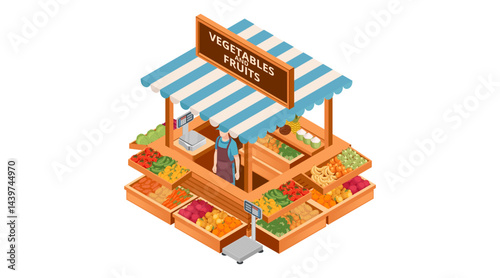 Isometric market stand with fresh produce. Grocery kiosk with striped awning. Food market stall with vegetables and fruits. Farm product stand. Outdoor market fresh food. Vector illustration isolated