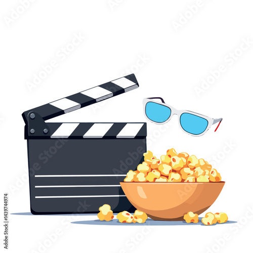 Vsai clapperboard, 3d glasses and popcorn creating cinema experience