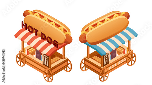 Collection of isometric hot dog carts. Food stands with giant hot dog on top. Portable fast food kiosks. Street food vendors. Outdoor food service. Vector illustration isolated on white background