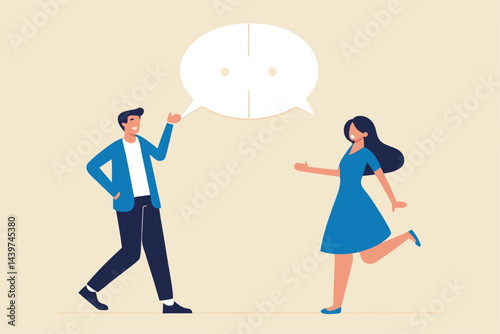 Business communication skills, explain idea, speak, tell and listen to coworkers, work discussion or success send and receive information concept, business people connect speech bubble jigsaw puzzle.
