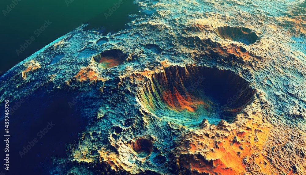 A rendered view depicting a planet with craters and diverse colors