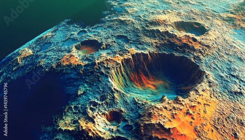 A rendered view depicting a planet with craters and diverse colors