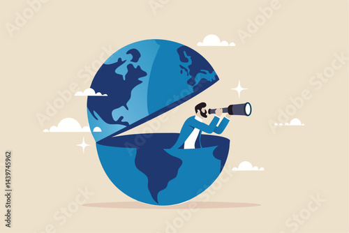 World economic vision or international opportunity for business, work or investment, searching for oversea business concept, smart businessman open globe using binoculars looking for future vision.