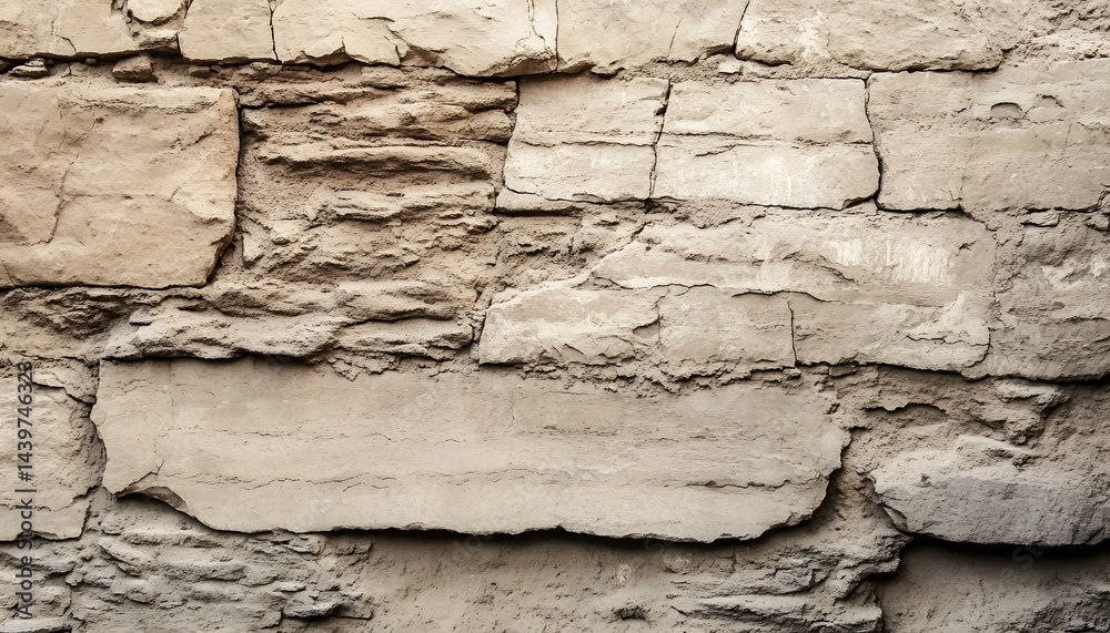 A weathered rough texture shows an old beige stone brick wall