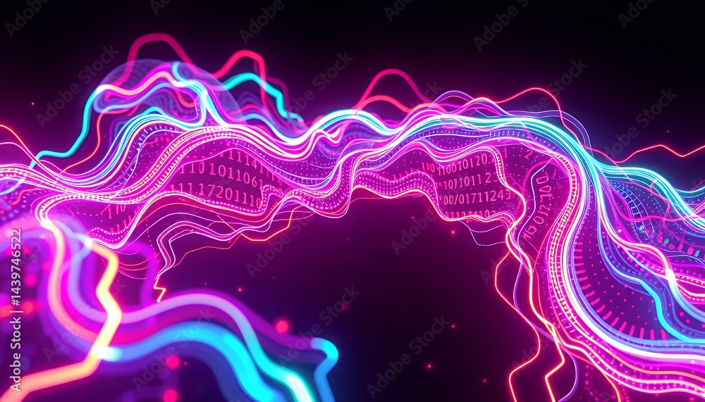 Detailed 3D Neon Bio Tech Illustration Featuring Bioluminescent Technology on a Dark Background with Flowing Lines and Bright Colors Perfect for Decoration And Creative Projects