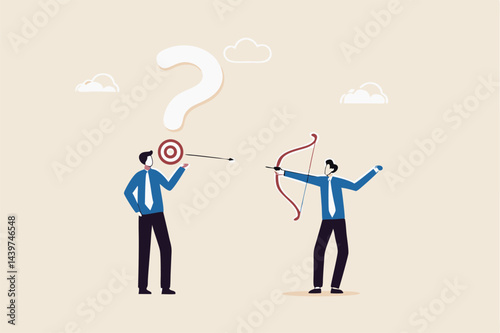 Ask good question, communicate to solve problem, smart question to get best answer, knowledge or learning concept, curios businessman asking good question with target for other to shoot answer.