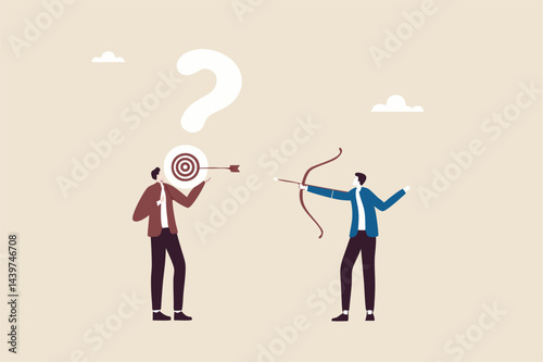 Ask good question, communicate to solve problem, smart question to get best answer, knowledge or learning concept, curios businessman asking good question with target for other to shoot answer.