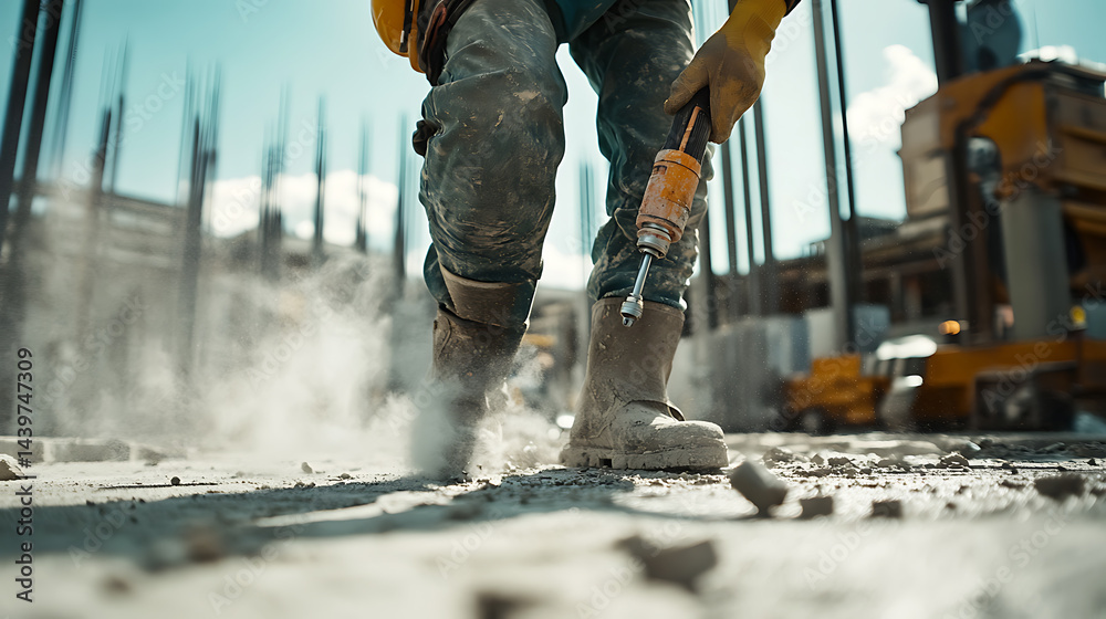 Construction Worker Using Jackhammer on Concrete Construction Worker Using Jackhammer on Concrete