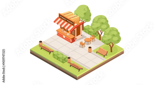 Isometric tile park scene with street food stand. Public recreation area with trees. City park with paved walkway. Street food kiosk with awning. Vector illustration isolated on white background
