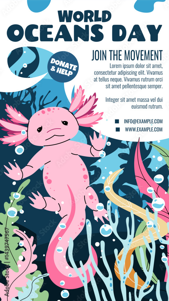 Obraz premium World Oceans Day Flat Design Template. Axolotl with Seaweed Illustration for Social Media Stories. Cute Aquatic Vector Art for Conservation Campaigns and Educational Posts.