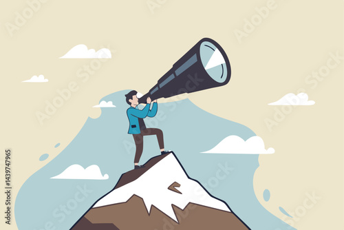 Ambition to aim high and achieve business goal, motivation to success, challenge and determination for victory concept, ambitious businessman look through telescope for mountain peak target.