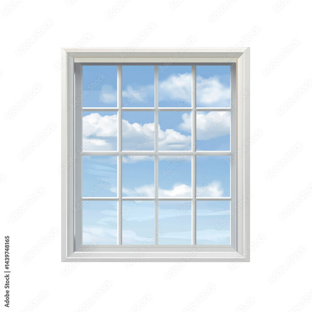 White Window Frame with Blue Sky and Clouds View White Window Frame with Blue Sky and Clouds View