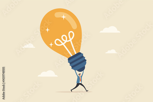 Big idea, creativity and innovation to change or invent new product, solution to solve problem, discover new idea concept, excited businessman carrying big lightbulb idea running to invent new product